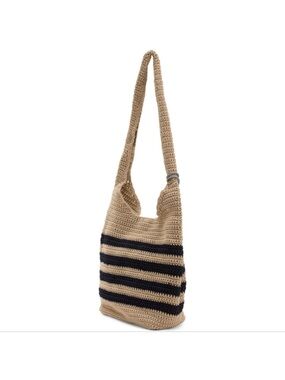 Tommy Bahama Beige and Black Striped Crochet Shoulder Bag